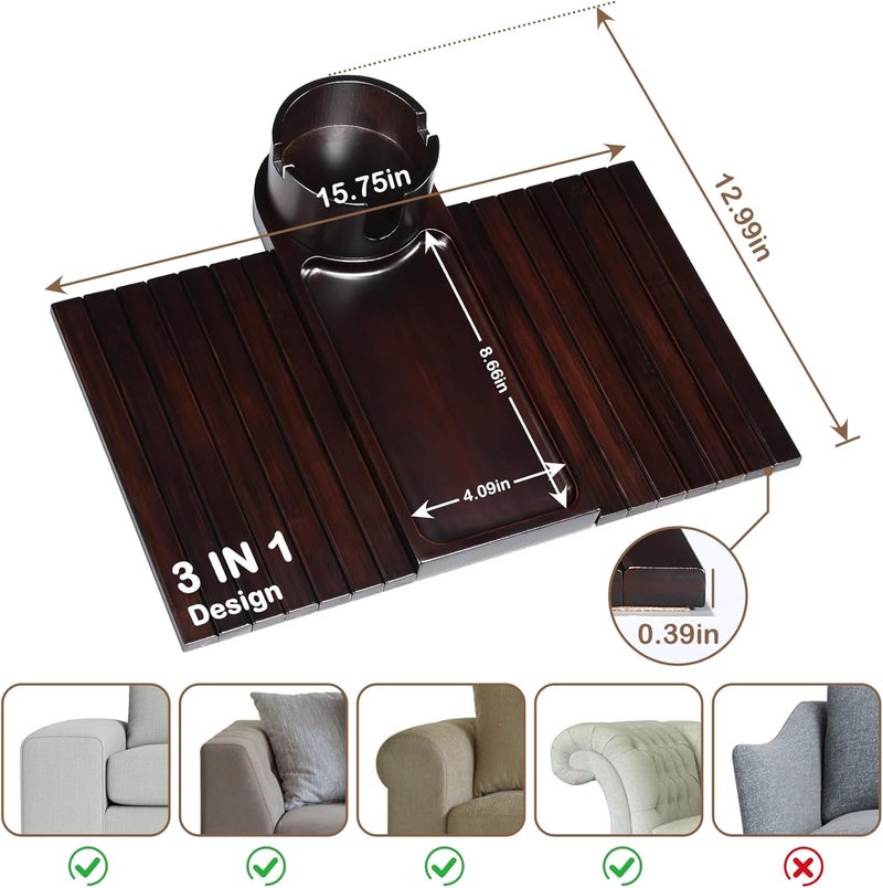 TOMLYOP Couch Cup Holder for Armrests Over 4.9" Wide, Bamboo Couch Arm Tray with 360° Rotating Phone Stand, 3 in 1 Foldable Sofa Arm Tray Table for Remote, Snacks, Phone, Drinks Walnut - Image 2